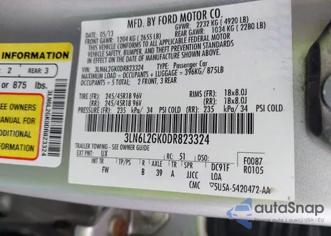 2013 Lincoln Mkz z USA, uszkodzony, nr VIN 3LN6L2GK0DR823324